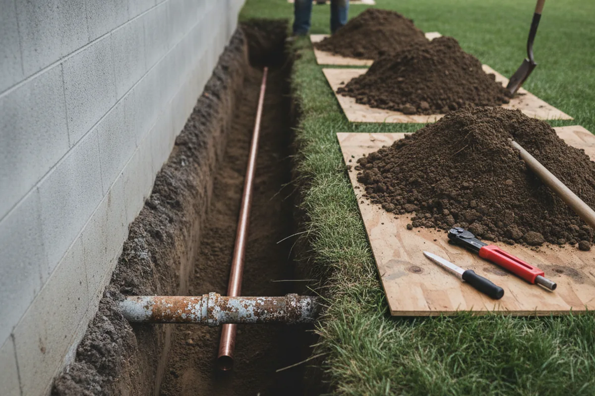 Excavated water line trench during Water Softener Installation in Rainbow City